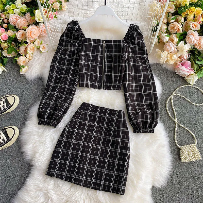 Puff Sleeve Plaid Two Piece Skirt Set Chic Plaid Two Piece Skirt