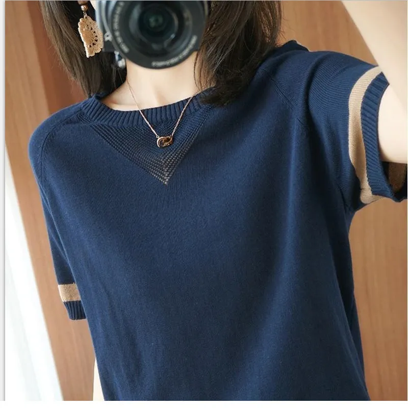 T-shirt femme glace soie à manches courtes t-shirt femme version coréenne patch ample veste de travail creux femmes tricot 230511