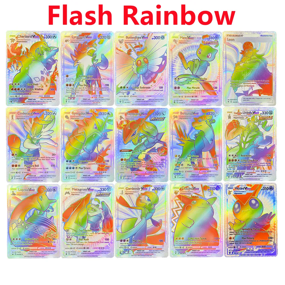 Für Pokemon Rainbow Shiny Silver Karten Secret Rare Pokemon Vmax Leon Verschiedene Karten Lot Englische Buchstabensammlung Kampf Sammelkarte Anime Party Geburtstagsgeschenke