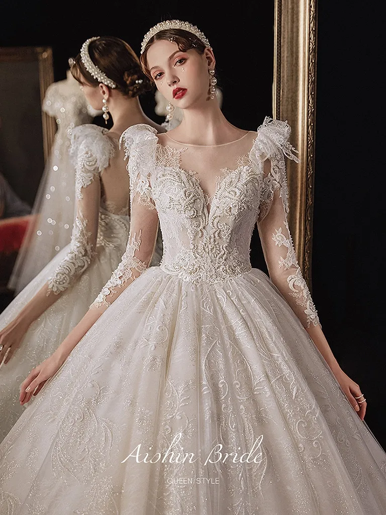 Unique Crystal Sparkling Lace Princess Wedding Dress Made to Order, Luxury  Beaded Long Sleeve Bridal Gown for a Fairy Tail Wedding 
