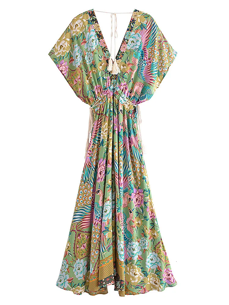 Bohemian peacock print maxi dress hot sale