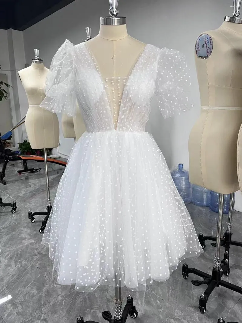 Party Dresses Real Image Dotted Tulle Homecoming V Neck Short Sleeve Graduation Birthday Dress Sexy Open Back Bride Gowns