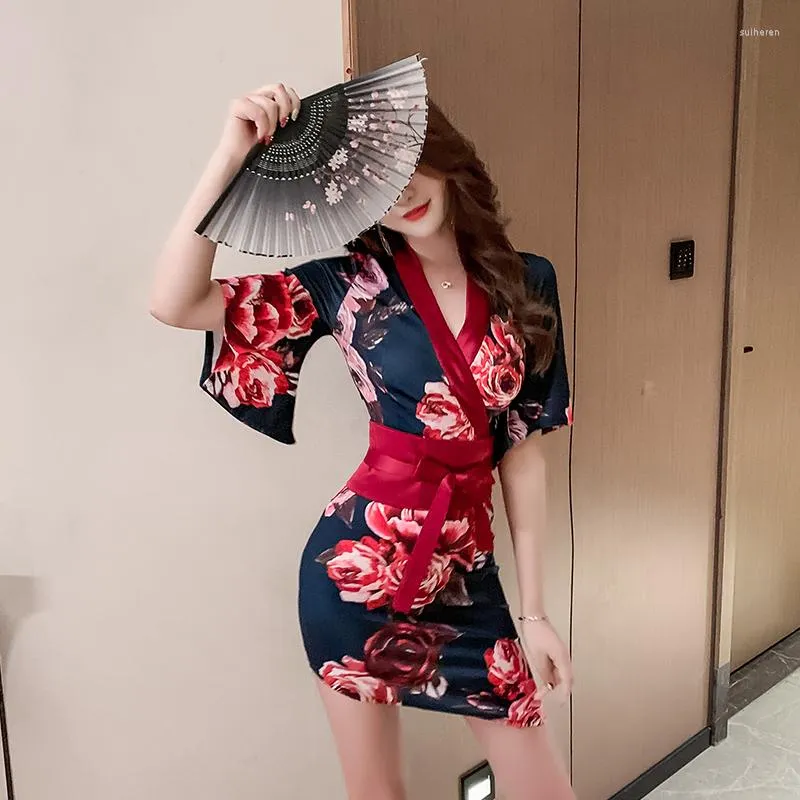 Vêtements ethniques Kimono japonais Robe Deep V Print Sexy Costume Lingerie Uniforme Tentation Vêtements de nuit pour femmes Robe de geisha traditionnelle 31315