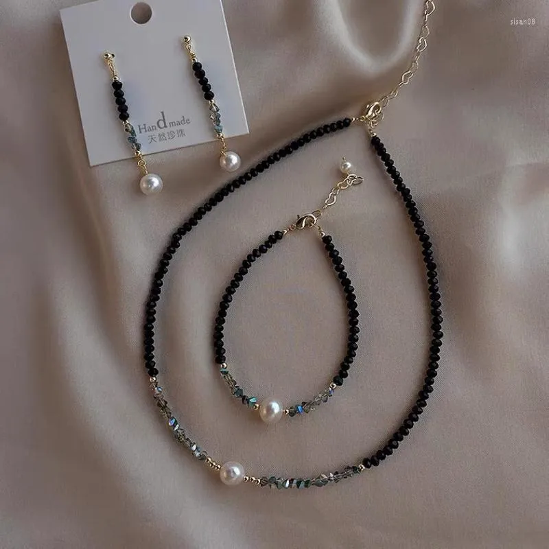 Cadenas Pendientes de perlas de cristal negro Pulsera Collar Conjunto de joyas para mujeres Cadena de clavícula con cuentas Colgante largo