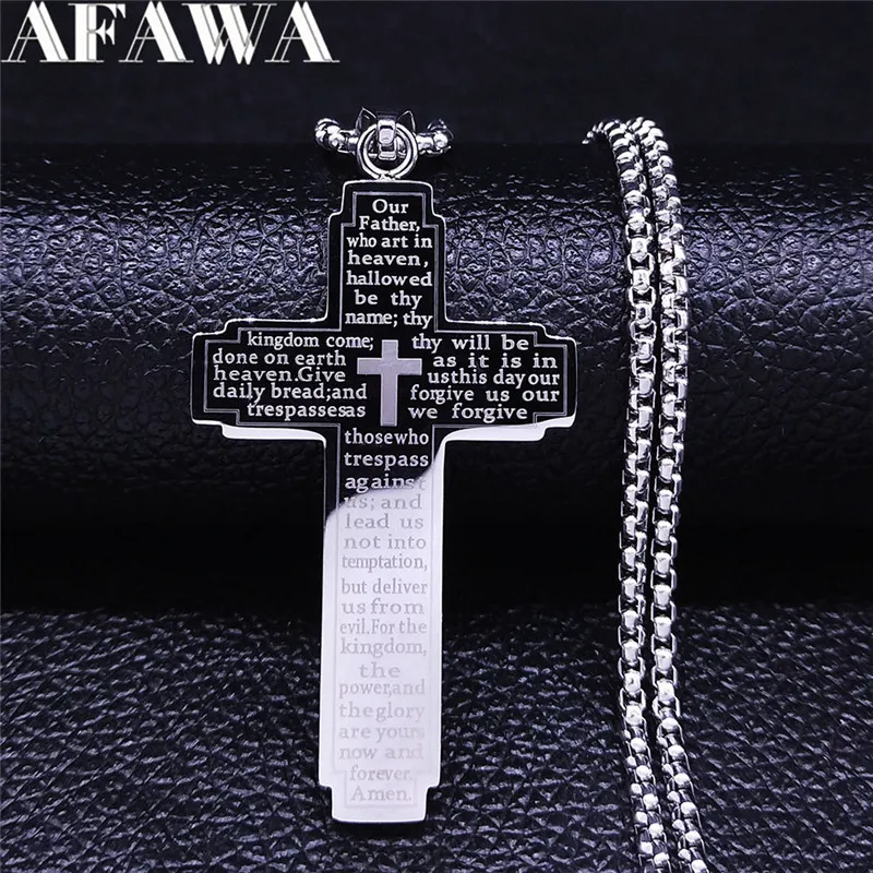 Christian Bible Cross Chain Necklace Stainless Steel Big Pendant Necklace Men's Religious Prayer Jewelry corrente masculina