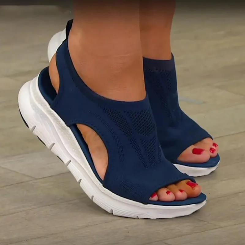 Sandalias de verano para mujer, cuñas de malla, punta abierta sólida, zapatos de plataforma sin cordones elásticos Ortic, calzado informal con correa trasera para mujer 230512