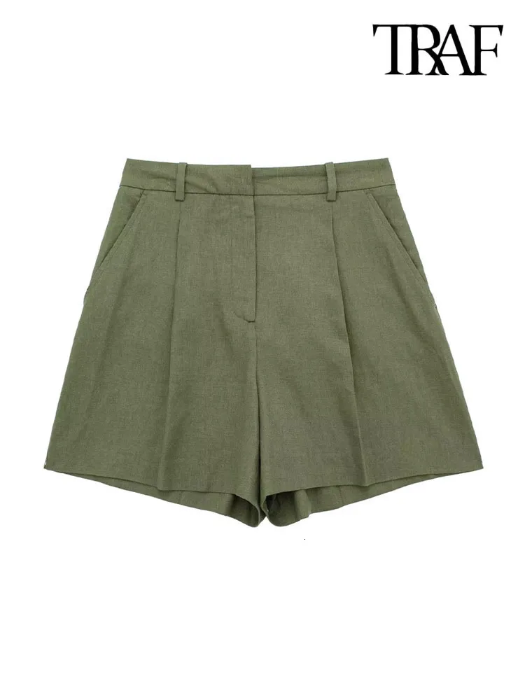 Dames shorts traf dames mode voorzakken linnen basisbermuda shorts vintage hoge taille rits zipper vlieg vrouwelijke korte broek mujer 230512