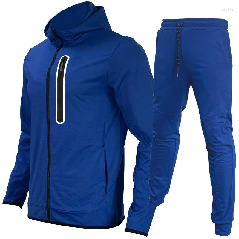 Gymkläder 2023 Polyester Man Sportswear Suit 2 st tekniska fasta färg Men träning med hoodie och byxa yogaträning