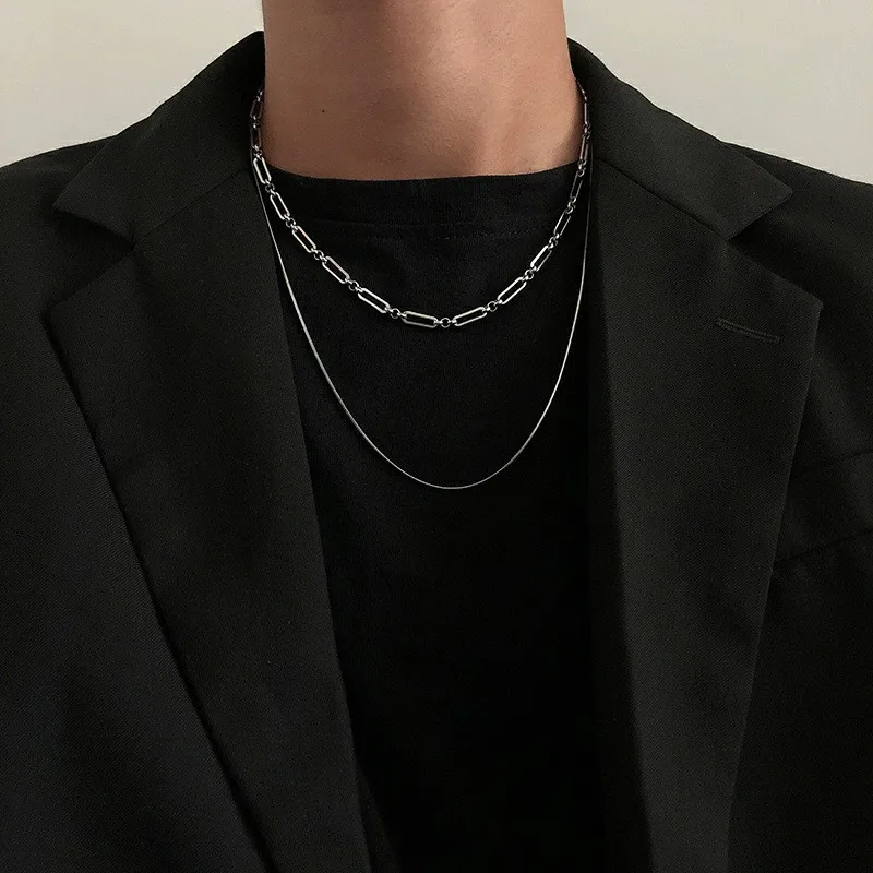 2023 Trendy Edelstahl Doppelschicht Kette Halskette Einfache Minimalistische Punk Halskette für Frauen Männer Goth Grunge Emo Y2K Schmuck