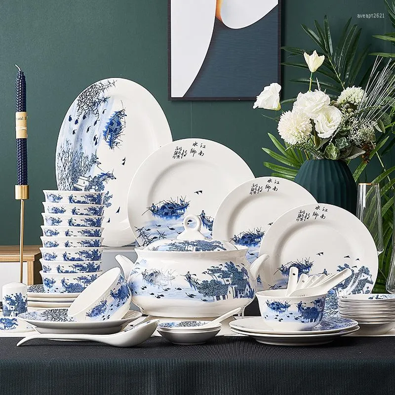 Servis uppsättningar Jingdezhen Ceramic Tableware 56 Rice Bowl Set Jiangnan Water Town Plate Present