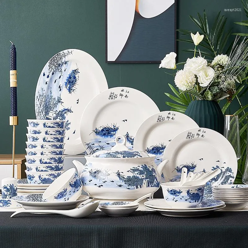 Учебная посуда наборы Jingdezhen Ceramic Tailware 56 Rice Bowl Set Jiangnan Water Town Plate Подарок оптом