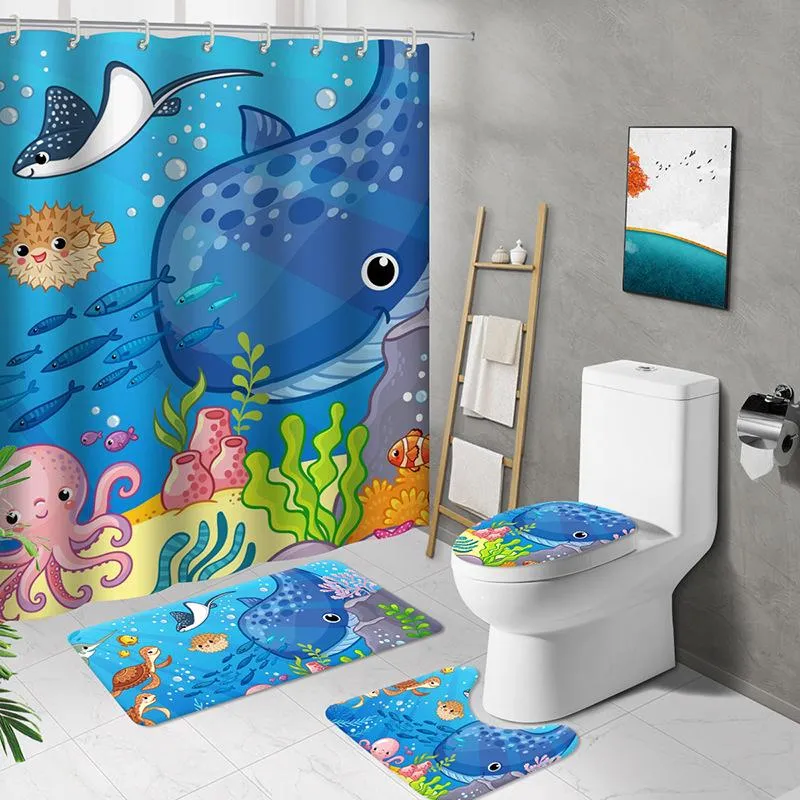 Curtains Cartoon Fish Kids Shower Curtain Set With Rugs Underwater Ocean Theme Sea Animal Nature Shark Turtle Fabric Carpet Toilet Rug