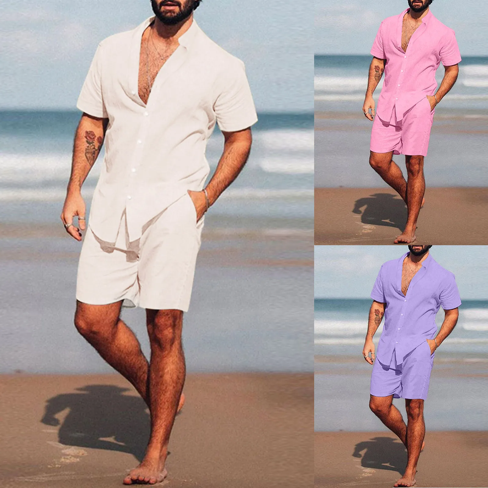 Мужские пластинки Мужские гавайские сета пляжные летние короткие рукавы бортовые шорты 2 шт.