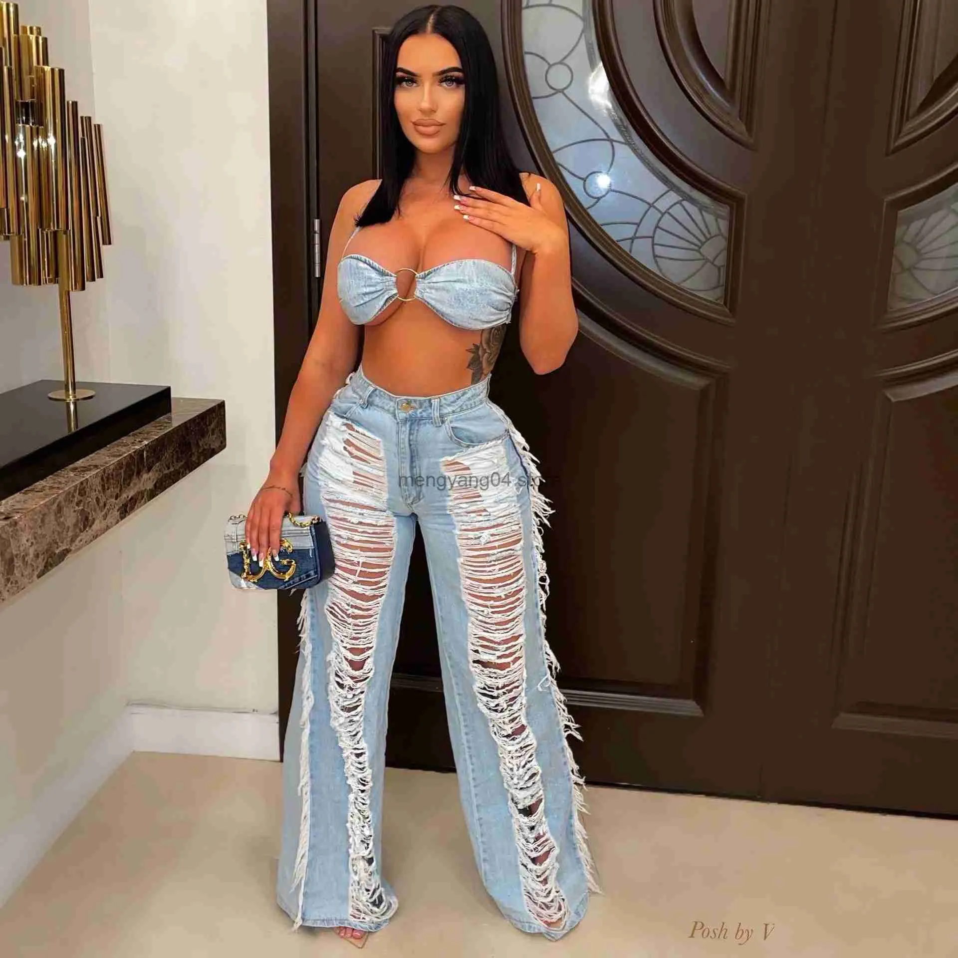 2023 Womens Sexy Tassel Denim Set Casual Lace Up Crop Top And Wide