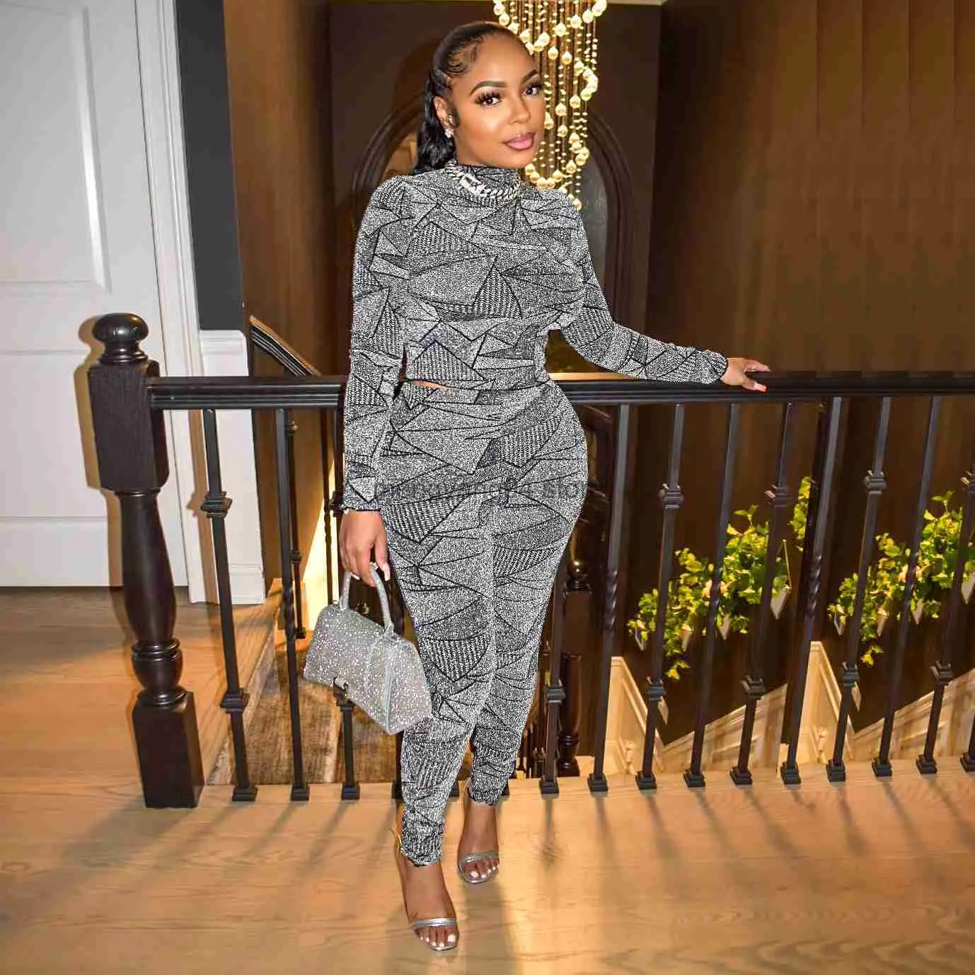 Women s Purple Glitter Sexy Two Piece Pants Set Casual Turtleneck Crop Top Leggings Skinny Club Party Outfits 2024 Polyester
