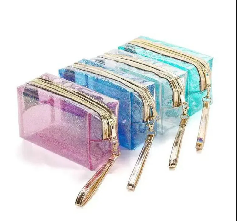 DHL50pcs étuis cosmétiques dame PVC Transparent grande capacité solide étanche Protable Zipper voyage sac à main mélange couleur