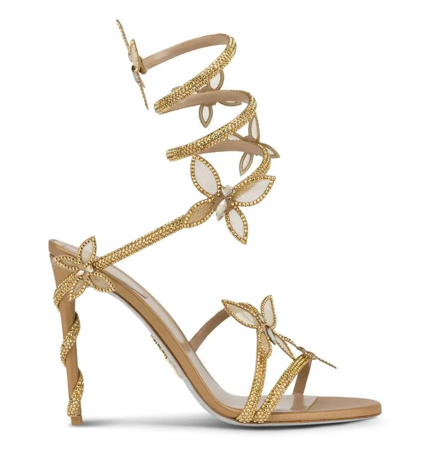 Summer Luxury Renes Margot Crystal Sandals Shoes Women Snake Wrapped High Heels Butterflies Strappy Snake Wrapped Strap Party Wedding Dress Lady Sandalias