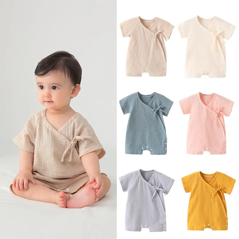 Pyjamas bébé vêtements d'été filles barboteuse body pour enfants nés vêtements de nuit froissé gaze coton moine pyjama solide mousseline une pièce 230511