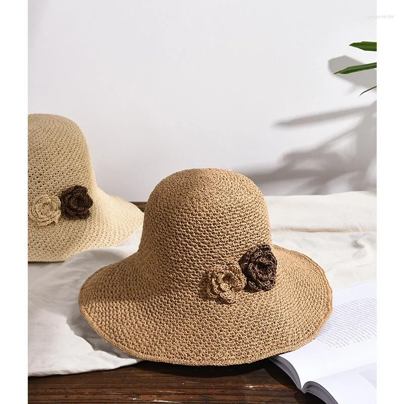 Breda brim hattar sommarflickor koreansk version vikbar strandsemester solskyddsmedel stråhatt
