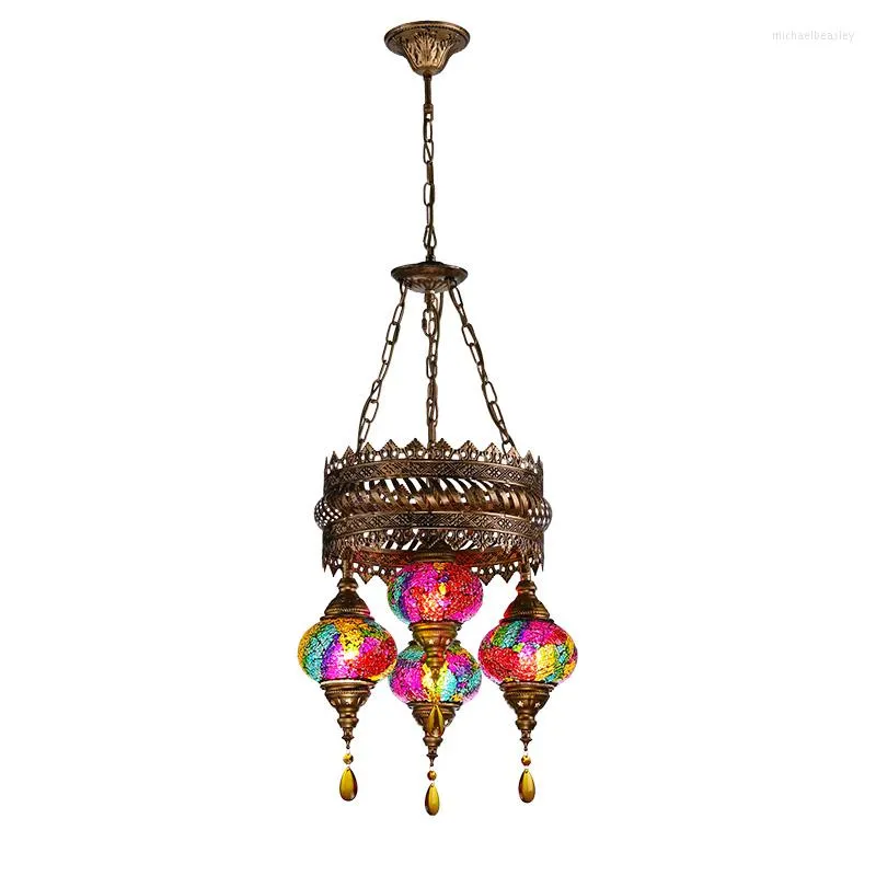 Hanger lampen Boheemse retro -stijl woonkamer geglaza vier hoofden mozaïek kroonluchter