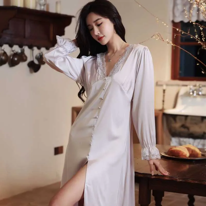 Women's Sleepwear Ice Silk Pajamas Dress Lace Sexy Long Vintage Nightdress Snow Silk Long Skirt Sleepwear The Sexy Clothes for Sleep Nightgown P230511