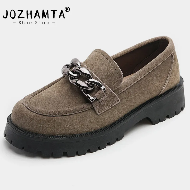 Dress Shoes JOZHAMTA Size 3442 Casual Loafers For Women Real Leather Flats Platform Shoes Fashion Chain Chunky Heel Ladies Retro Office 230511