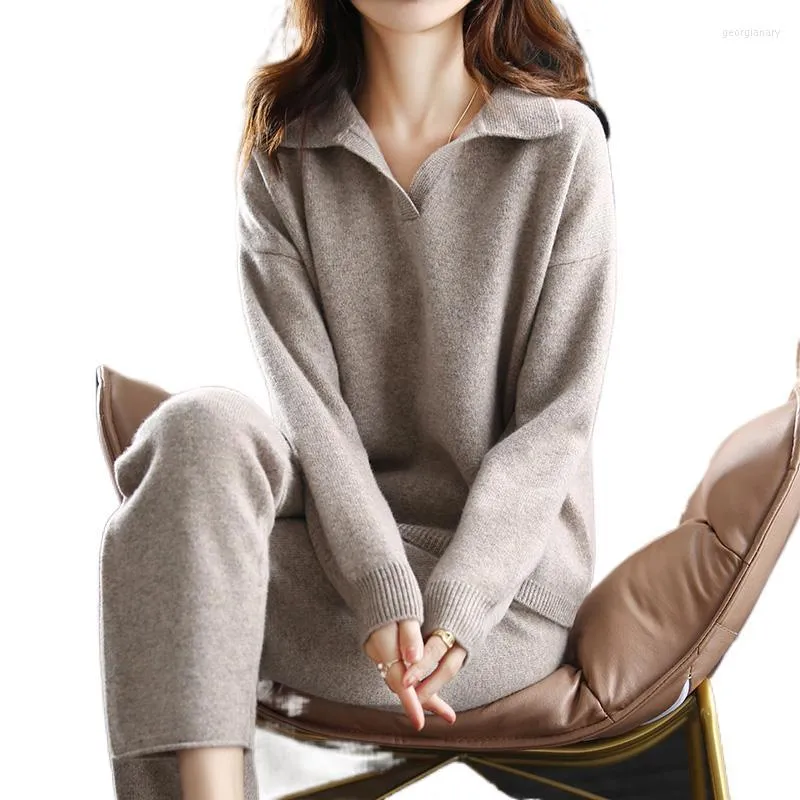 Women's Two Piece Pants Winter 2023 Cashmere Suit Women Loose Lapel Sweater  Temperament Casual Wide-leg Knitted Pure Wool Two-piece