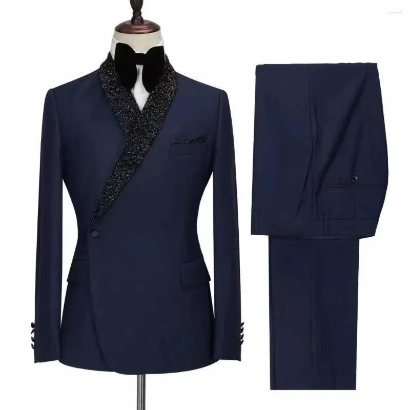 Herenpakken op maat gemaakte marineblauwe bruiloft mannen Zwart Shiny Rapel Slim Fit 2-delige op maat gemaakte zakelijke formele feestman Prom Tuxedo Blazer