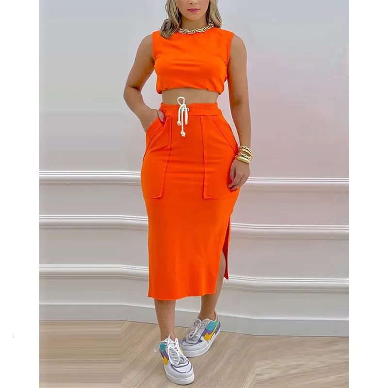 Two Piece Dress Orange Casual Two Piece Set Women Skirt Women Summer Fashion Urban Crop Top And Skirt Suits Outfits Yellow Robe Femme Ete 230512