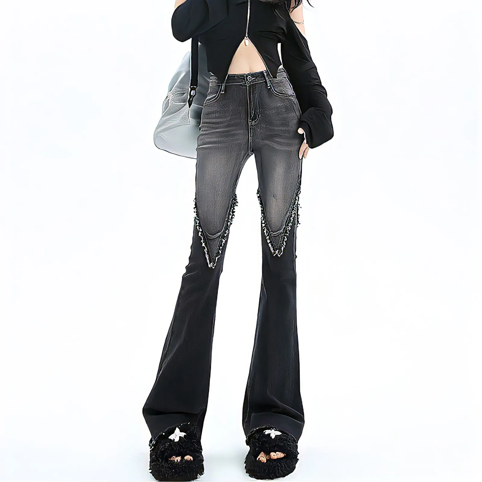 Women's Jeans Street Costume Y2K Jeans Kvinnors 90 -talets vintage Grunge Punk Korean Fashion High midja Borstade denimbyxor Black Wide Leg FLAGE PANTS 230511