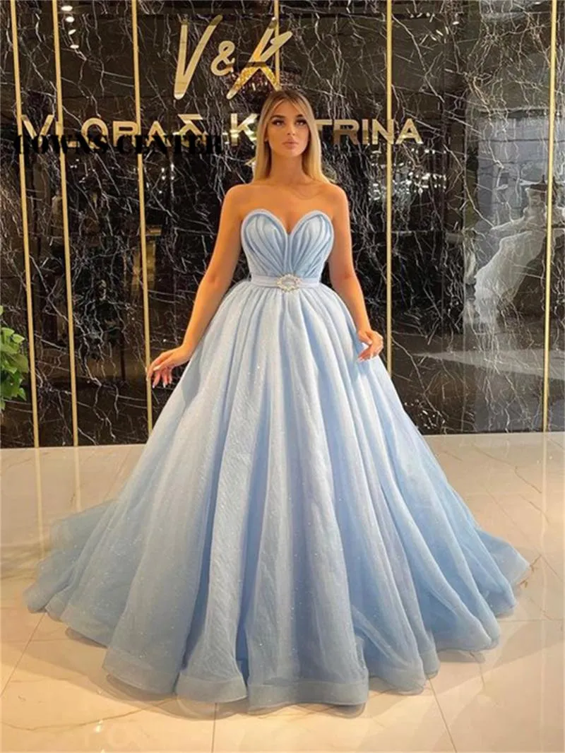 Party Dresses Sky Blue Formal Dress Elegant Tulle kväll för kvinnor Bröllopsfödelsedagsmiddagsklänningar En linjeklänning med Delt Rob