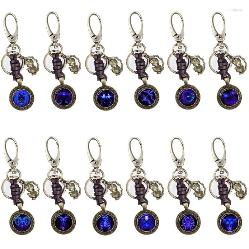 Keychains 12 Zodiac Keychain Sphere Round Patch Key Rings Scorpio Leo Aries Constellation Födelsedagspresent för kvinnor och mäns tillbehör