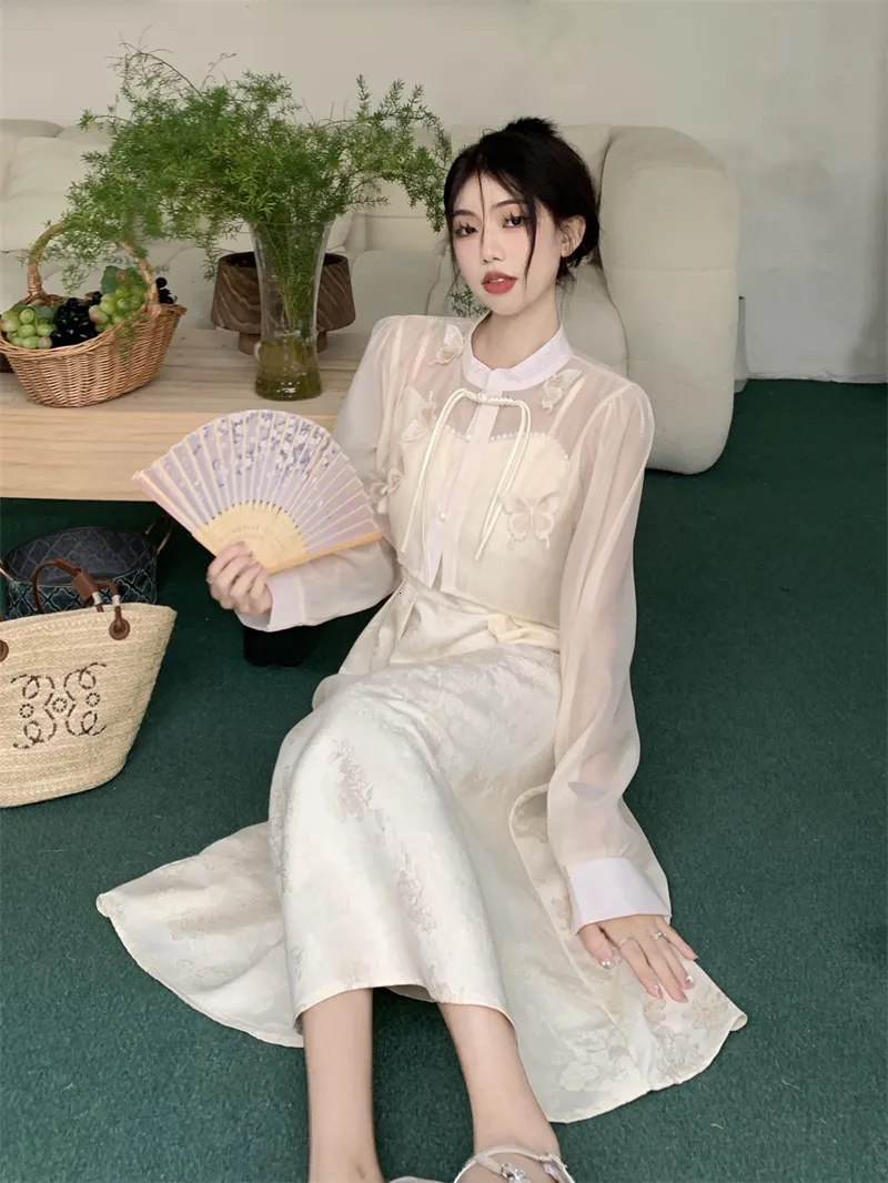 Two-piece dress Chinese style jacquard fairy fashion suit women's spring  short cardigan mid-calf A-line sling dress synthetic acetate from Dhgate  Two Piece Dress - price 45.31