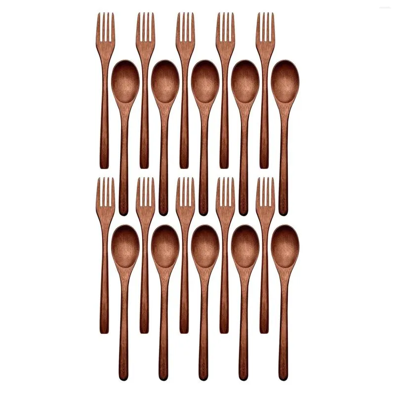 Dinnerware Sets 20 Pcs Wooden Spoons Forks Set Utensil Reusable Natural Wood Flatware For Cooking Stirring Eating