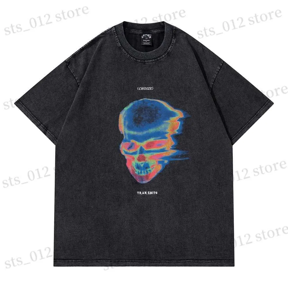 Herr t-shirts tvättade retro skalle huvudbokstav kort ärm herrens topp tees runda hals lösa avslappnade sommar tshirts unisex överdimensionerade hiphoptankar t230512