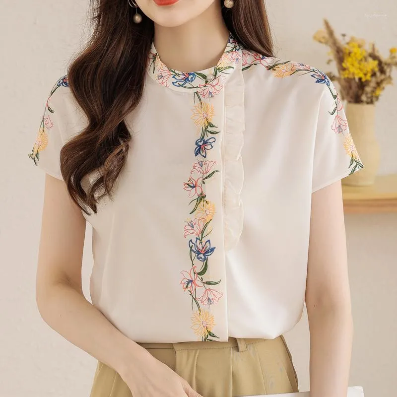 Damesblouses ruche front vintage geprinte zomer chiffon blouse vrouwen korte mouw satijnen top Koreaanse elegante dames bloemen