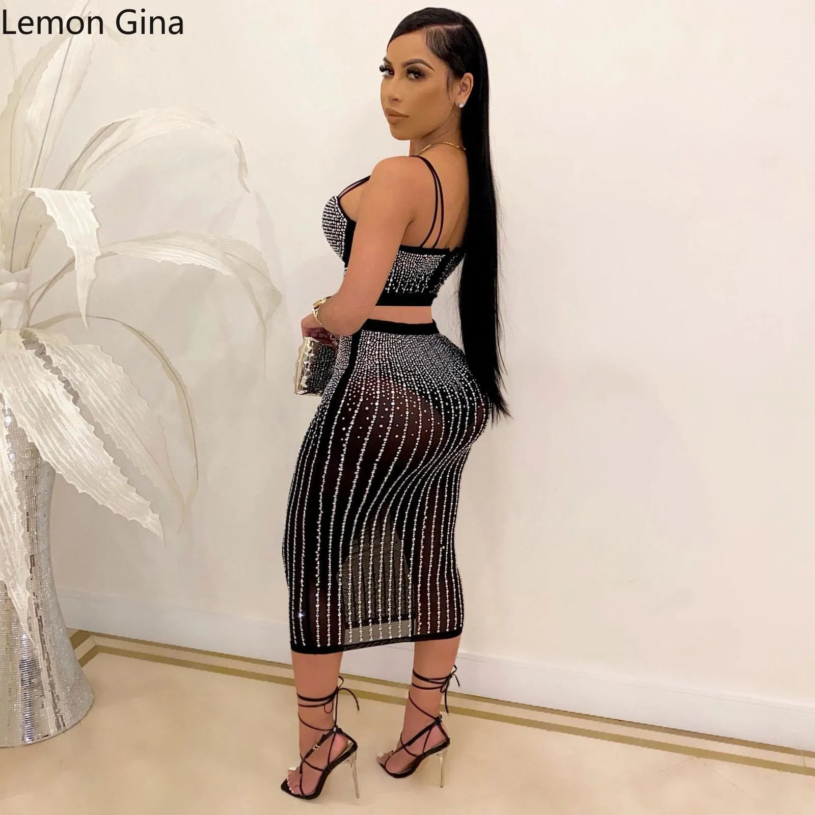 Two Piece Dress Lemon Gina Sexy 2 Sets Women Summer Skirts Suits Set Diamond Crop Top Midi Black Matching 2024