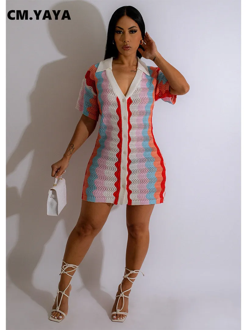 CM.YAYAYA Rainbow Stripe Knitted Crochet Midi Dress - Tight Fit Summer Light Blue Cami Top Beach Holiday Dress for Women (230511)