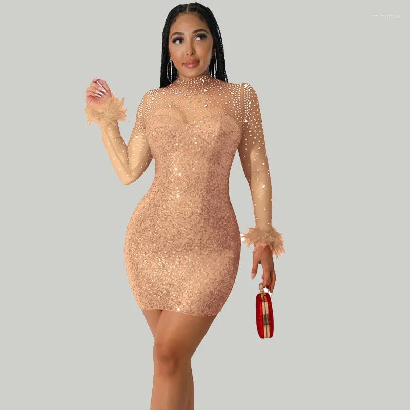 Casual Dresses Znaiml 2023 Elegant Sparkly Sequin Sheer Mesh Patchwork Rhinestones Party for Women Prom Long Sleeve Bodycon Mini Dress