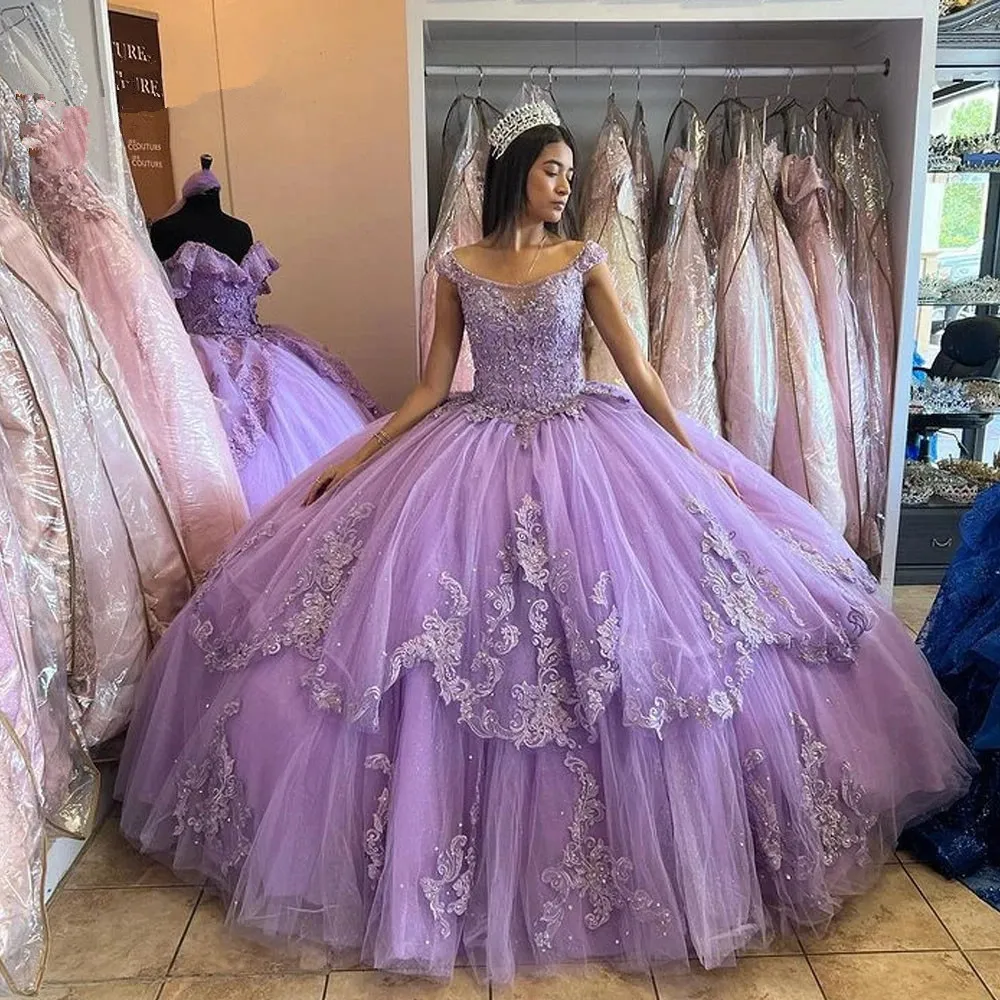 Lila lavendel quinceanera klänningar snörning korsett prom prinsessan söt 16 klänning båge paljett examen vestido de 15 anos