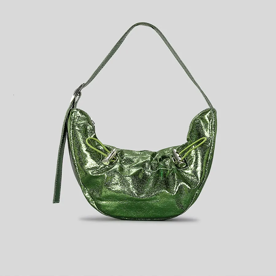 Midjeväskor Fashion Metallic Half Moon Women Axel Designer Drawsting Lady Handväskor Vintage Hobos Small Tote Kvinnliga plånböcker 2023 Bag 230511