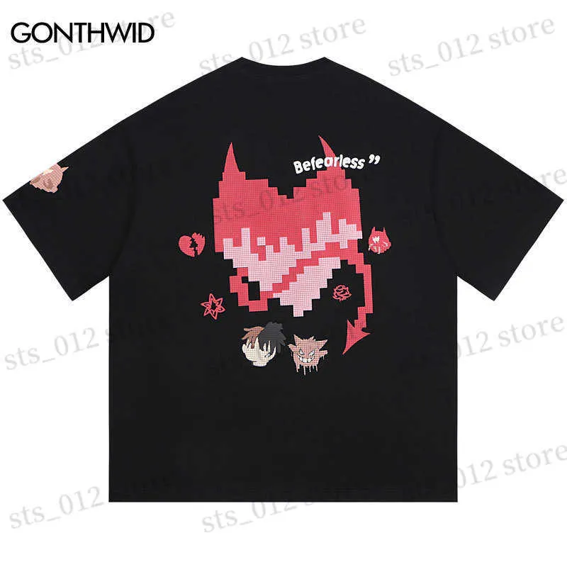 T-shirts voor heren hiphop t-shirt streetwear Harajuku duivel hart cartoon grafische print punk gothic oversized tee shirts 2023 mode zomer tops t230512