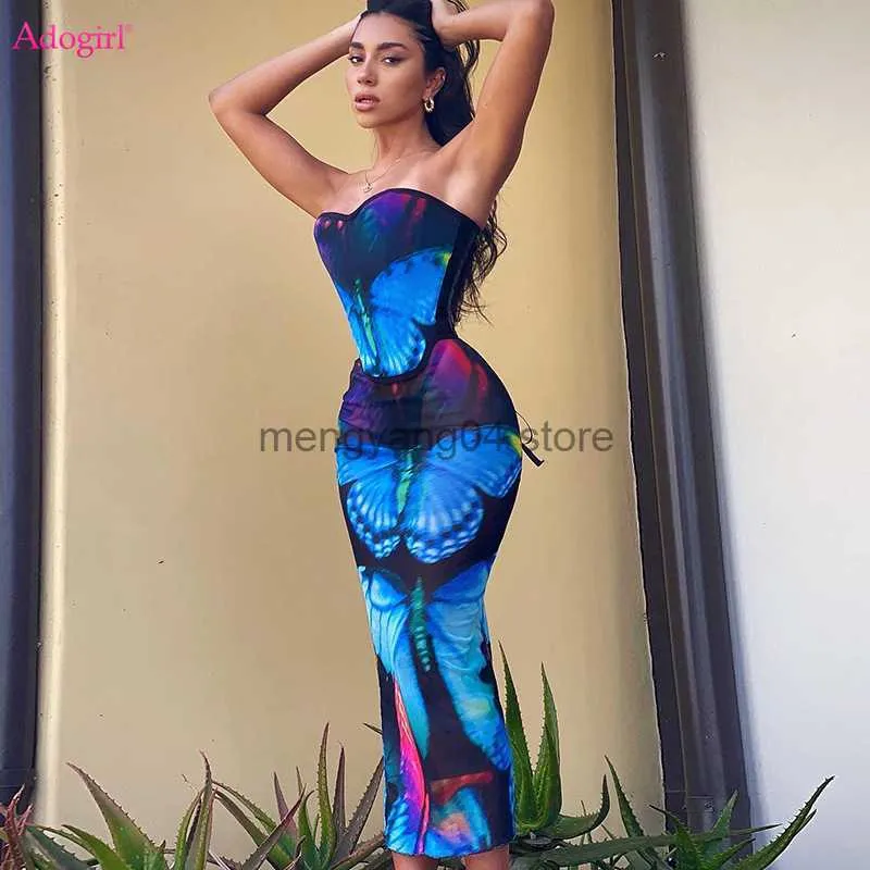 Kvinnors tvåbitar byxor Adogirl Butterfly Tryck Tvådelat klänning Kvinnor Sexig stropplös snörning Korsett Topp Sheer Mesh Midi kjol Fashion Clothing Suit T230512