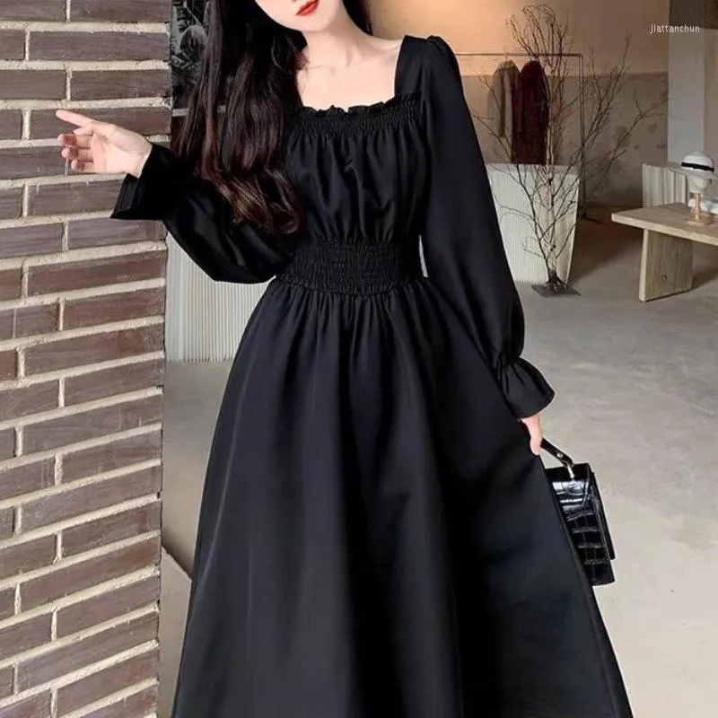Casual Dresses 2023 Black Elegant Dress Women Vintage Long Sleeve Spring Autumn Square Collar Oversize Loose Robe Streetwear