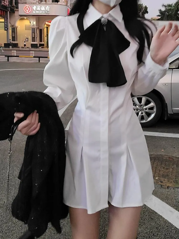 カジュアルドレス2023ホワイトシャツドレス女性プレッピースタイルプリーツミニハイストリートカワイイ弓韓国ファッション長袖ローブチュニック