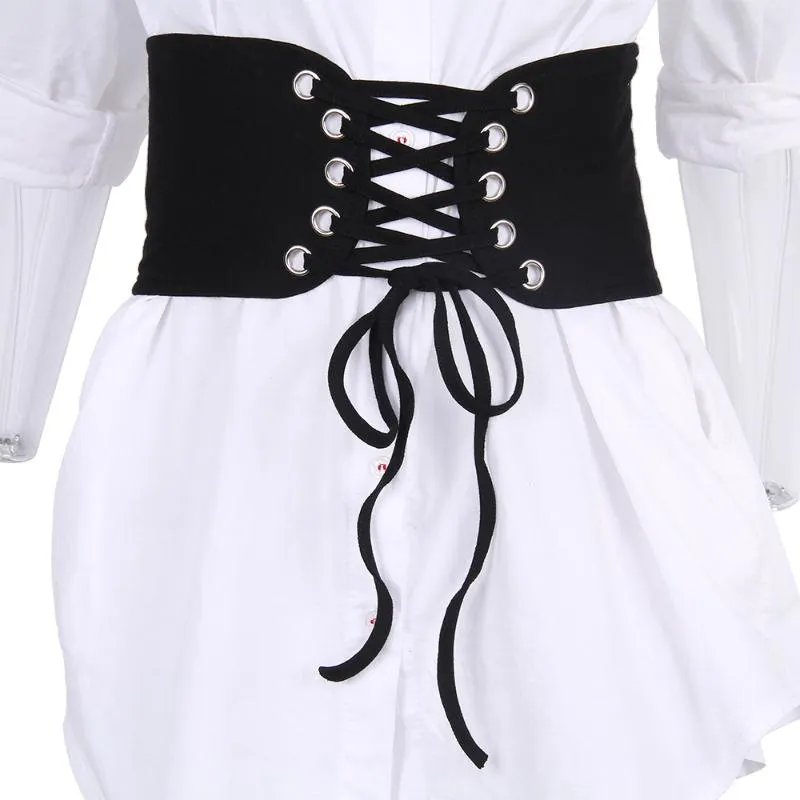 Belts Women's Fashion Lace Up Corset Landage Wide Band Band Belt Mapping Black White بالإضافة إلى حجم Cummerbunds