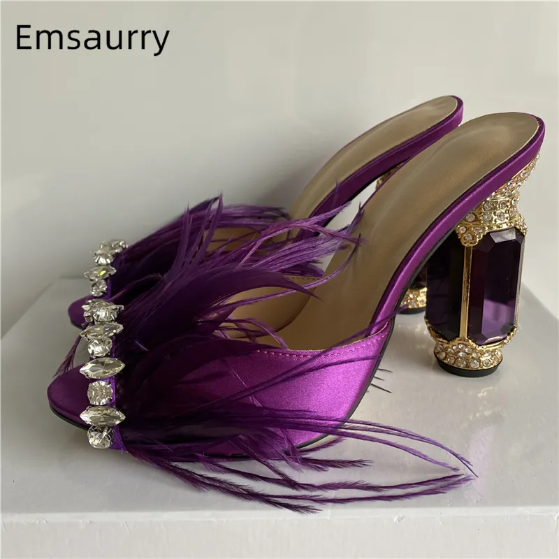 Sandaler Design Crystal Feather Sandaler Women Diamond High Heels Open Toe Luxury Satin Slingbacks Shoes Woman 230511