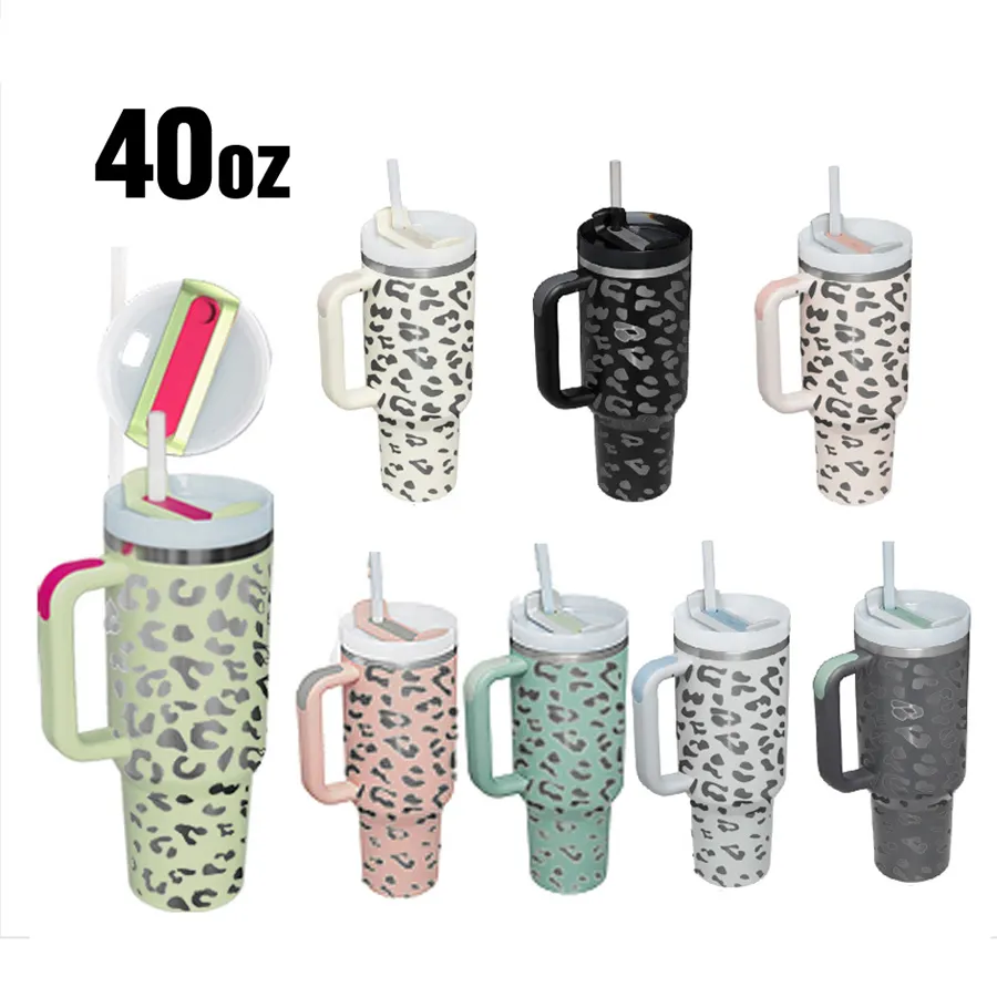 Gobelet réutilisable à imprimé léopard de 40 oz avec poignée et paille Gobelet de voyage isolé en acier inoxydable Gobelets isolés Gardez la tasse de boissons