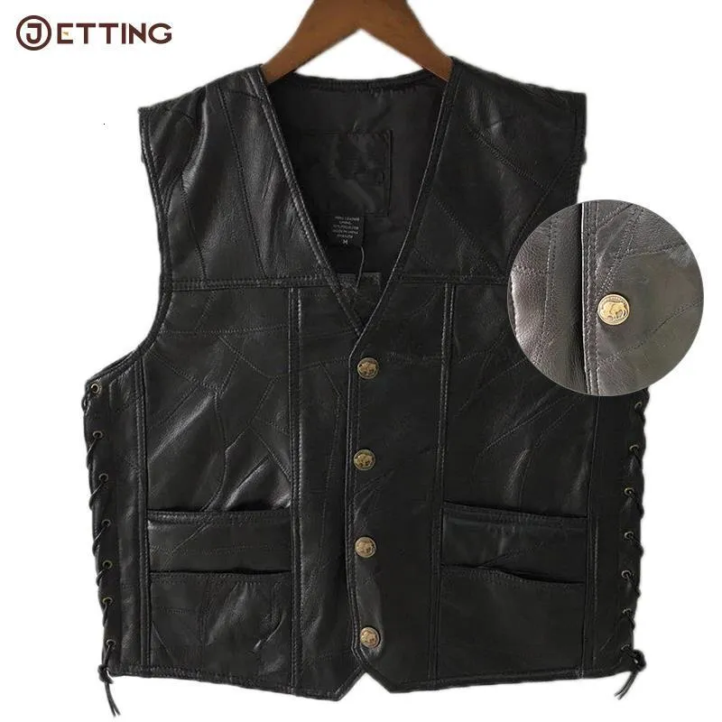 Men's Vests 1PCS Punk Biker Vest Lace Button Autumn Sleeveless Jacket For Men Black Leather Polyester Motorcycle Vest For Men 230512