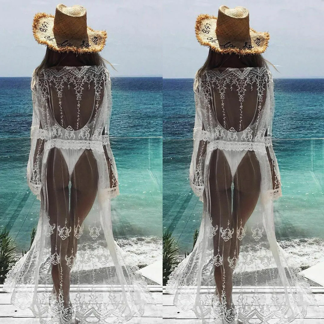 Kvinnors badkläder Summer Women Sarong Lace Maxi Bikini Cover Up Pareo White Beach Dress Long Chiffon See Through Crochet Cardigan Robe de Plage 230511